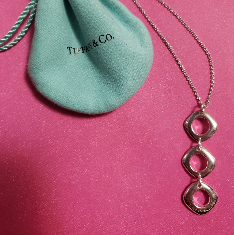 Tiffany and co. Signed Triple square cushion drop pendant & necklace